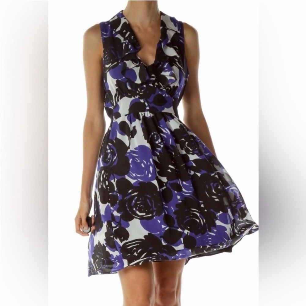 Trulli feminine flirty blue floral ruffle trim coquette dress womens